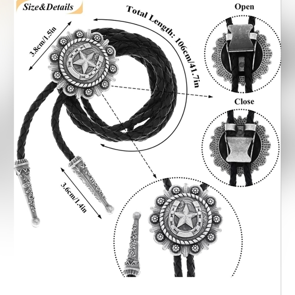 New silver leather star bolo tie approximately 40" - Picture 2 of 3